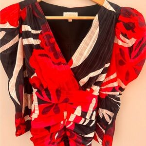 Ciebon Vibrant Red and Black Floral Wrap Blouse